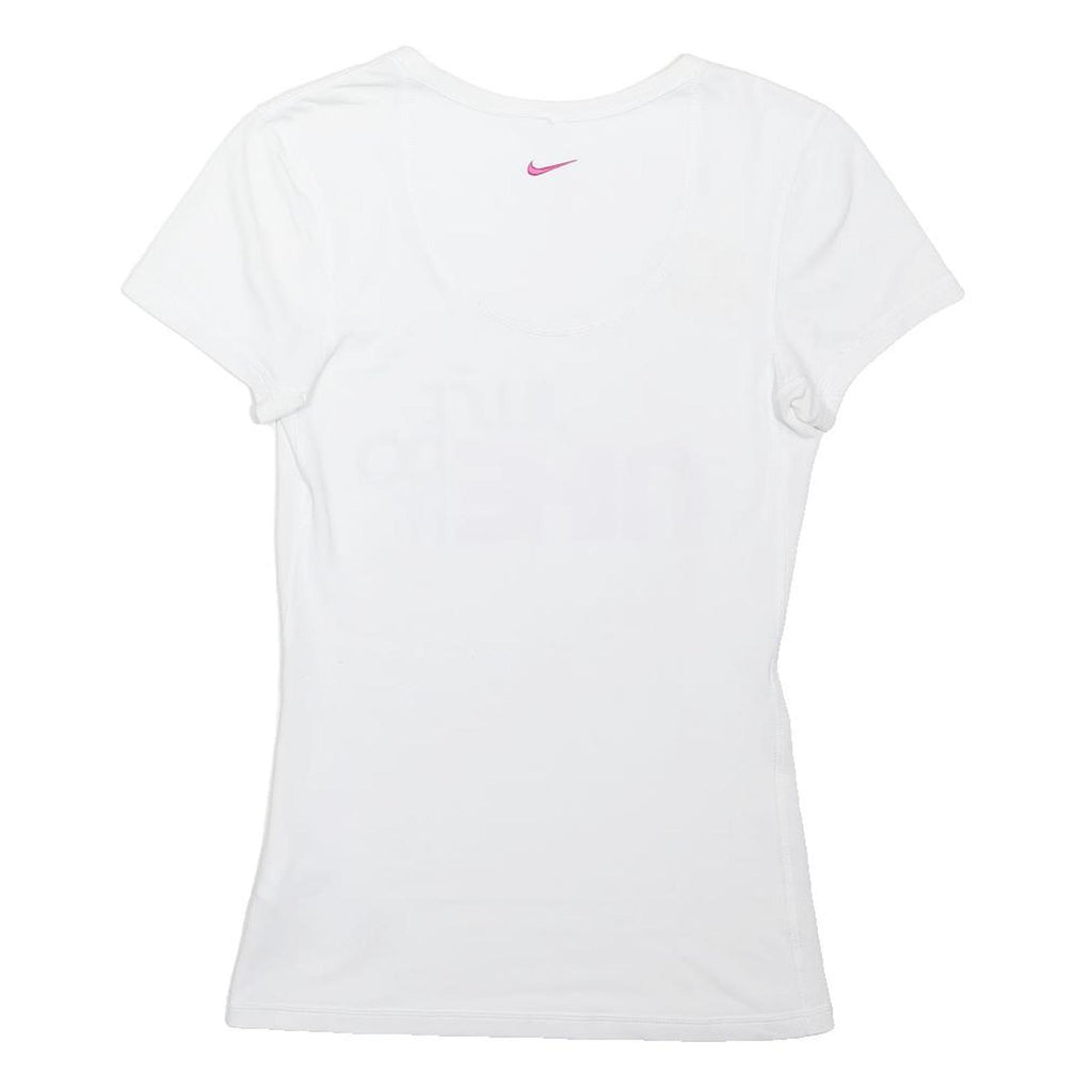 NIKE Womens White & Pink Graphic T-Shirt XS Short Sleeve Round Neck Cotton Blend