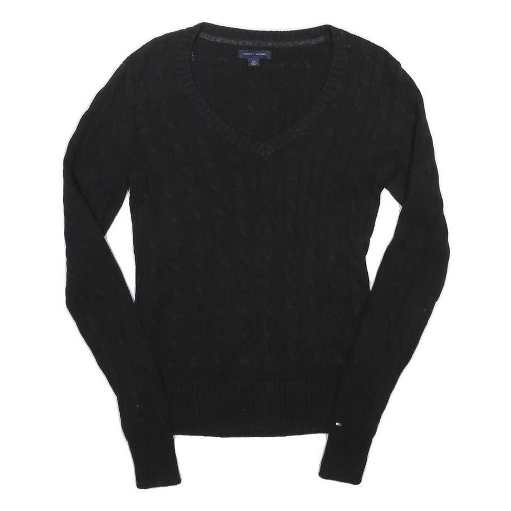 TOMMY HILFIGER Womens Black Plain V-Neck Cable Knit Jumper S Cotton Classic