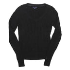 TOMMY HILFIGER Womens Black Plain V-Neck Cable Knit Jumper S Cotton Classic