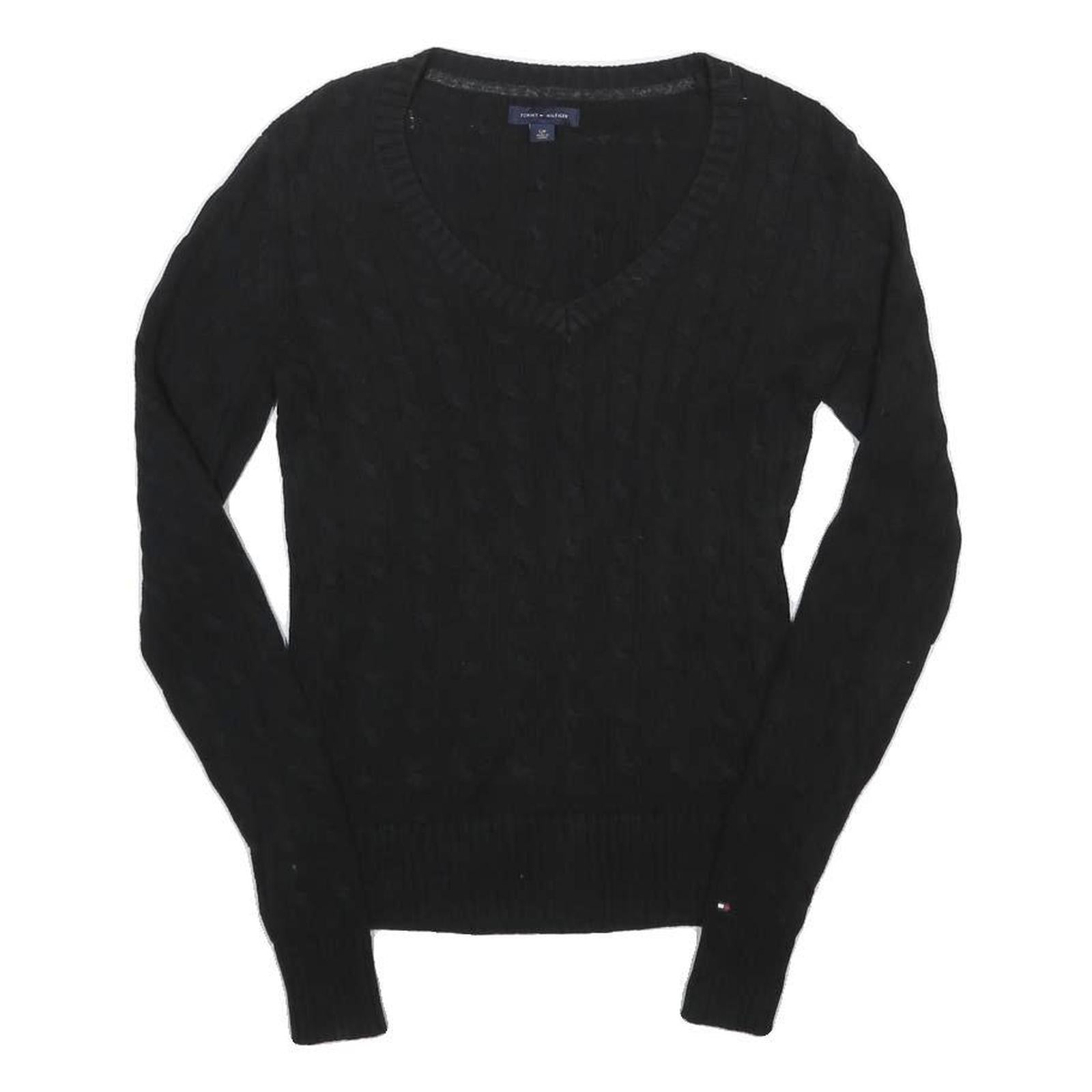 TOMMY HILFIGER Womens Black Plain V-Neck Cable Knit Jumper S Cotton Classic