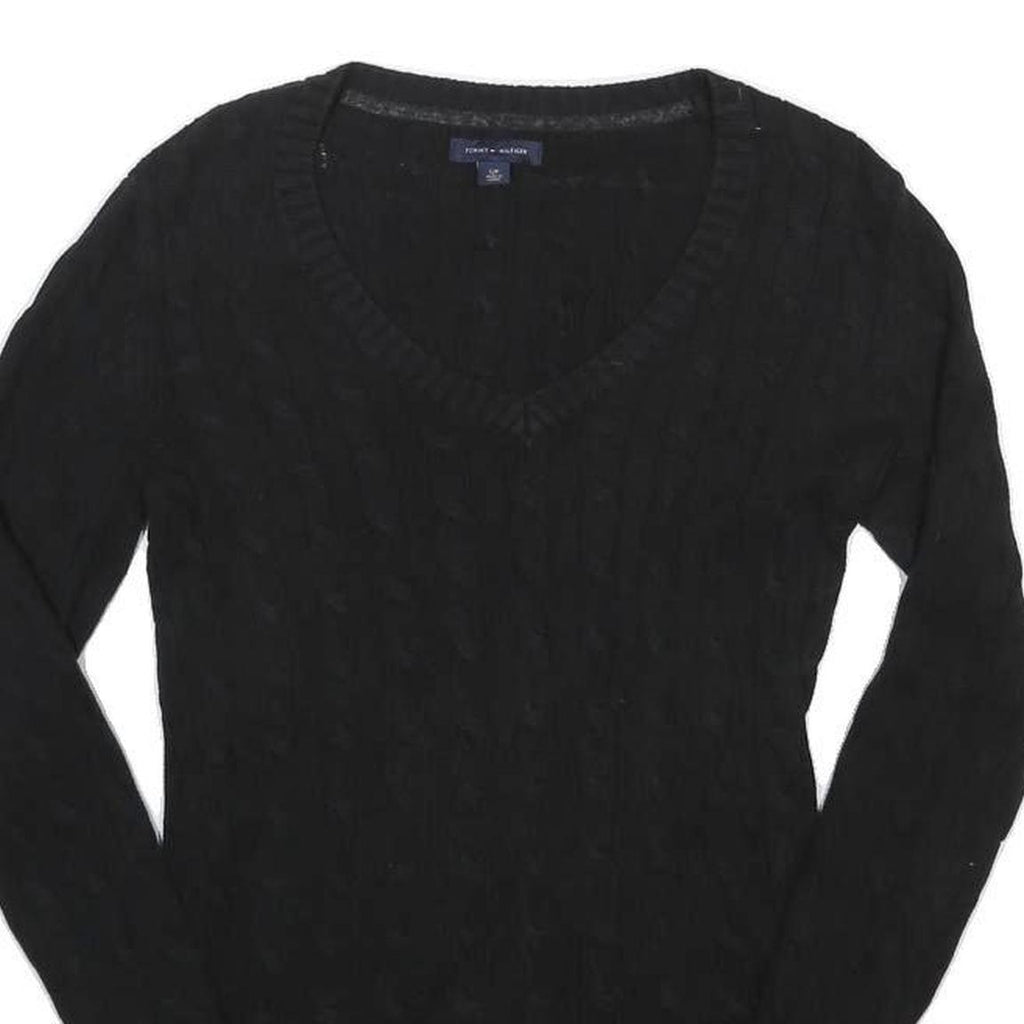 TOMMY HILFIGER Womens Black Plain V-Neck Cable Knit Jumper S Cotton Classic