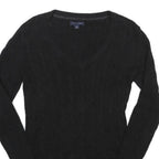 TOMMY HILFIGER Womens Black Plain V-Neck Cable Knit Jumper S Cotton Classic