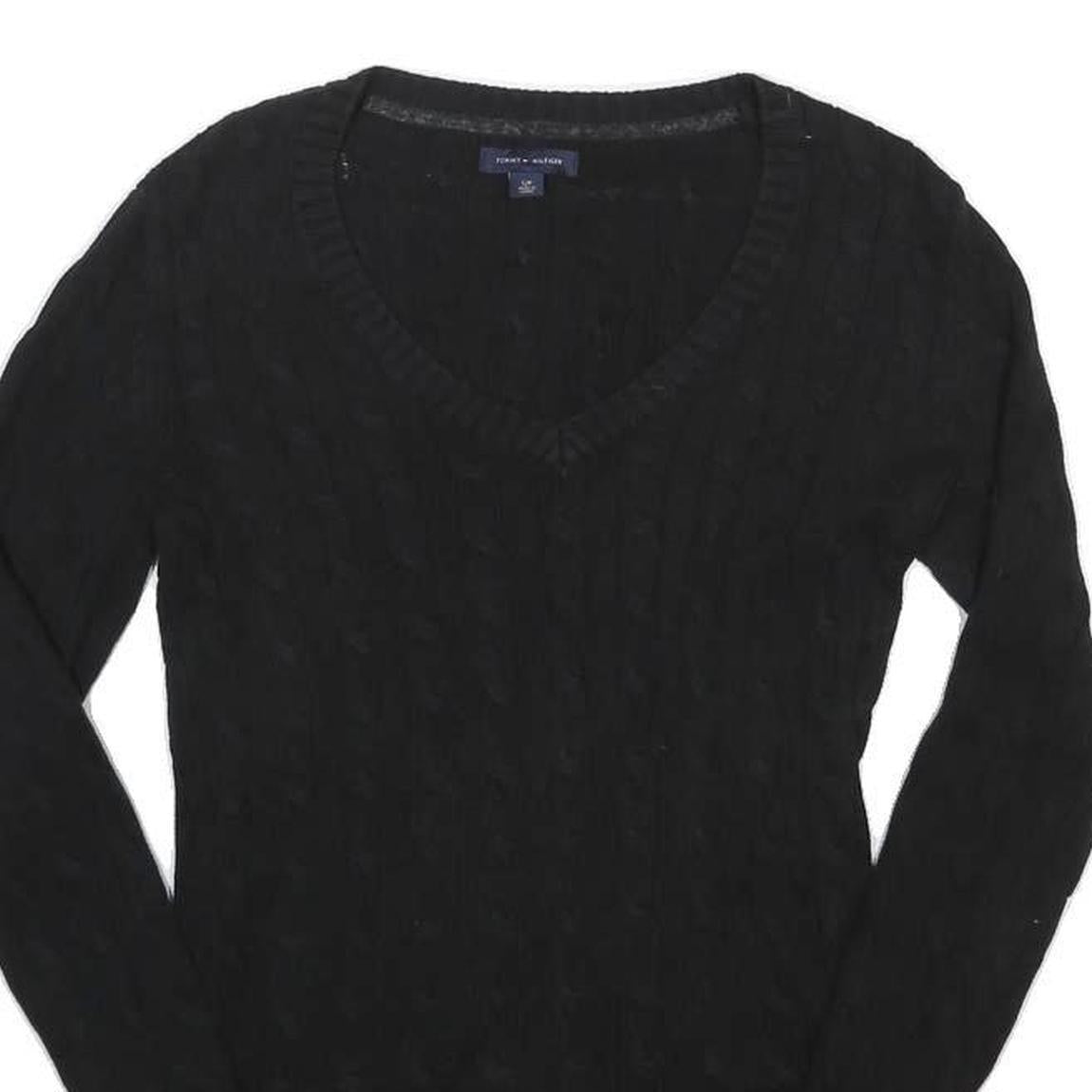 TOMMY HILFIGER Womens Black Plain V-Neck Cable Knit Jumper S Cotton Classic