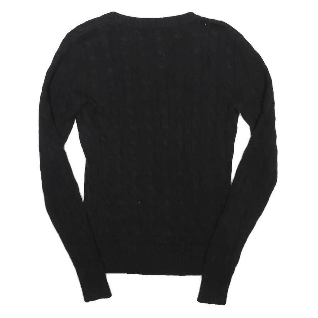 TOMMY HILFIGER Womens Black Plain V-Neck Cable Knit Jumper S Cotton Classic