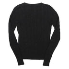 TOMMY HILFIGER Womens Black Plain V-Neck Cable Knit Jumper S Cotton Classic