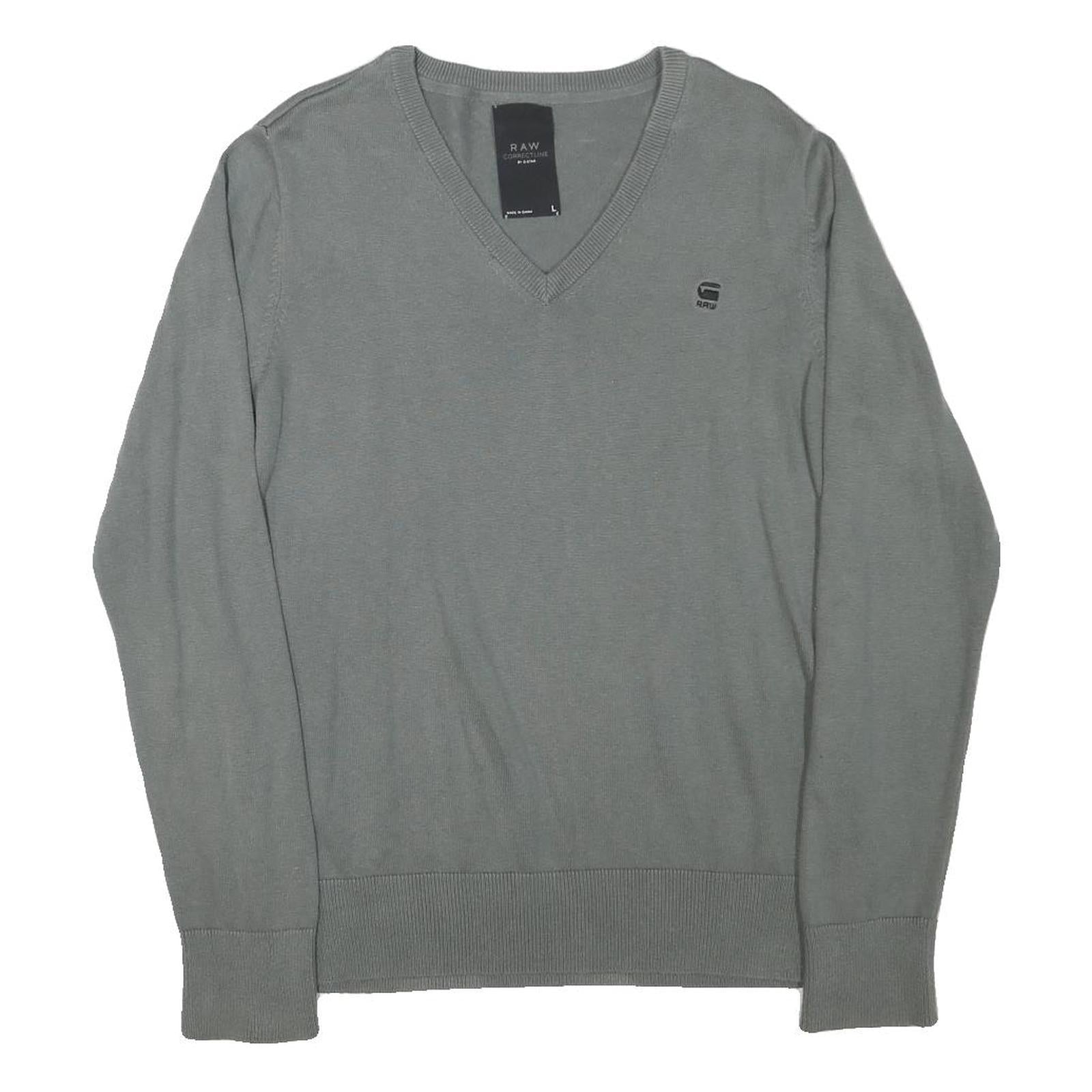 G-STAR Mens Grey Plain V-Neck Basic Knit L Cotton Blend Jumper Casual Essential