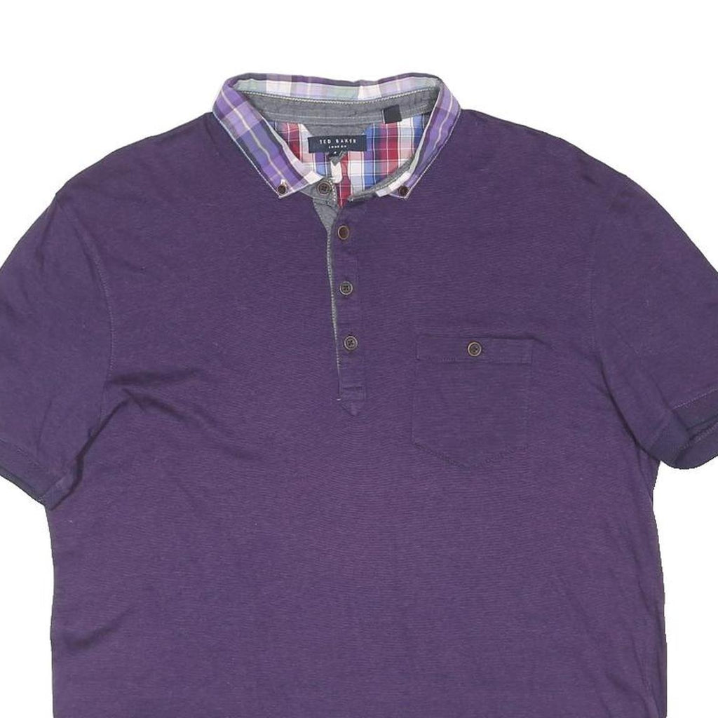 TED BAKER Mens Purple Polo Shirt L Cotton Blend Short Sleeve Checked Collar