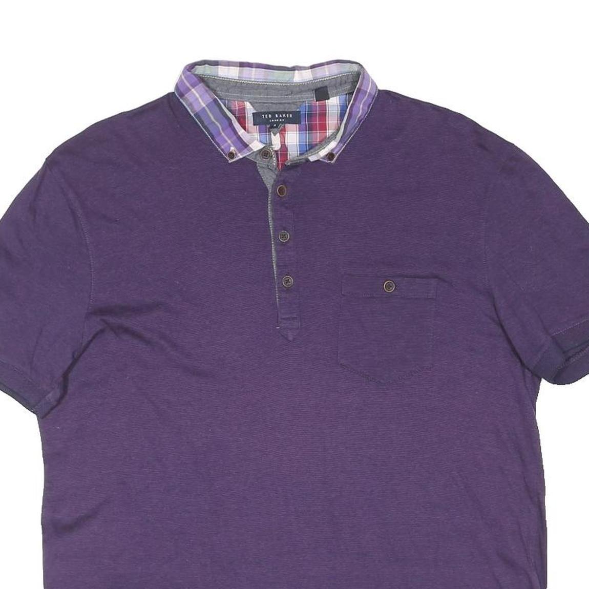 TED BAKER Mens Purple Polo Shirt L Cotton Blend Short Sleeve Checked Collar