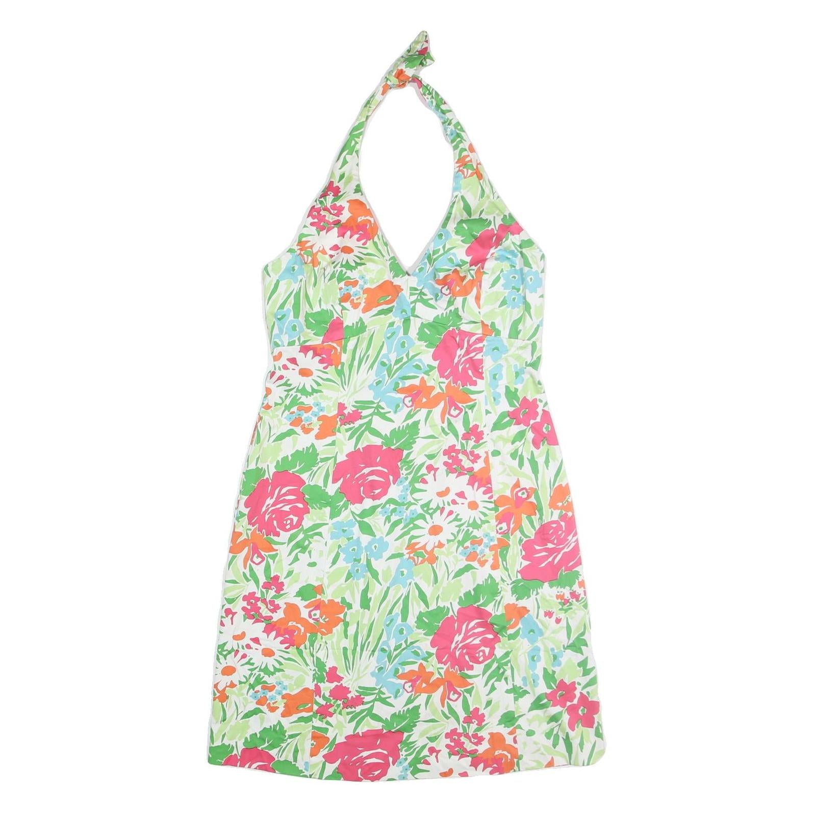 CHAPS Womens White Green & Pink Floral Halter Dress Cotton Blend Midi Size L