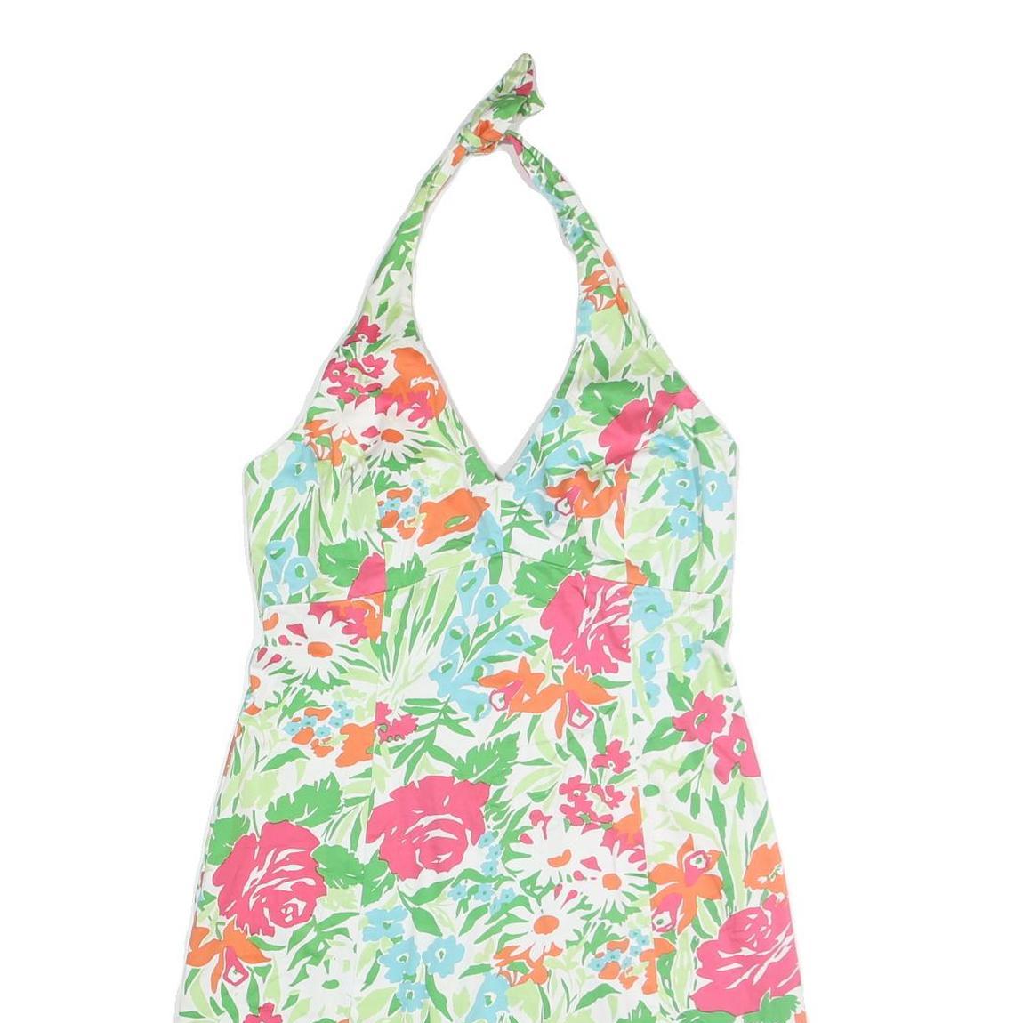CHAPS Womens White Green & Pink Floral Halter Dress Cotton Blend Midi Size L