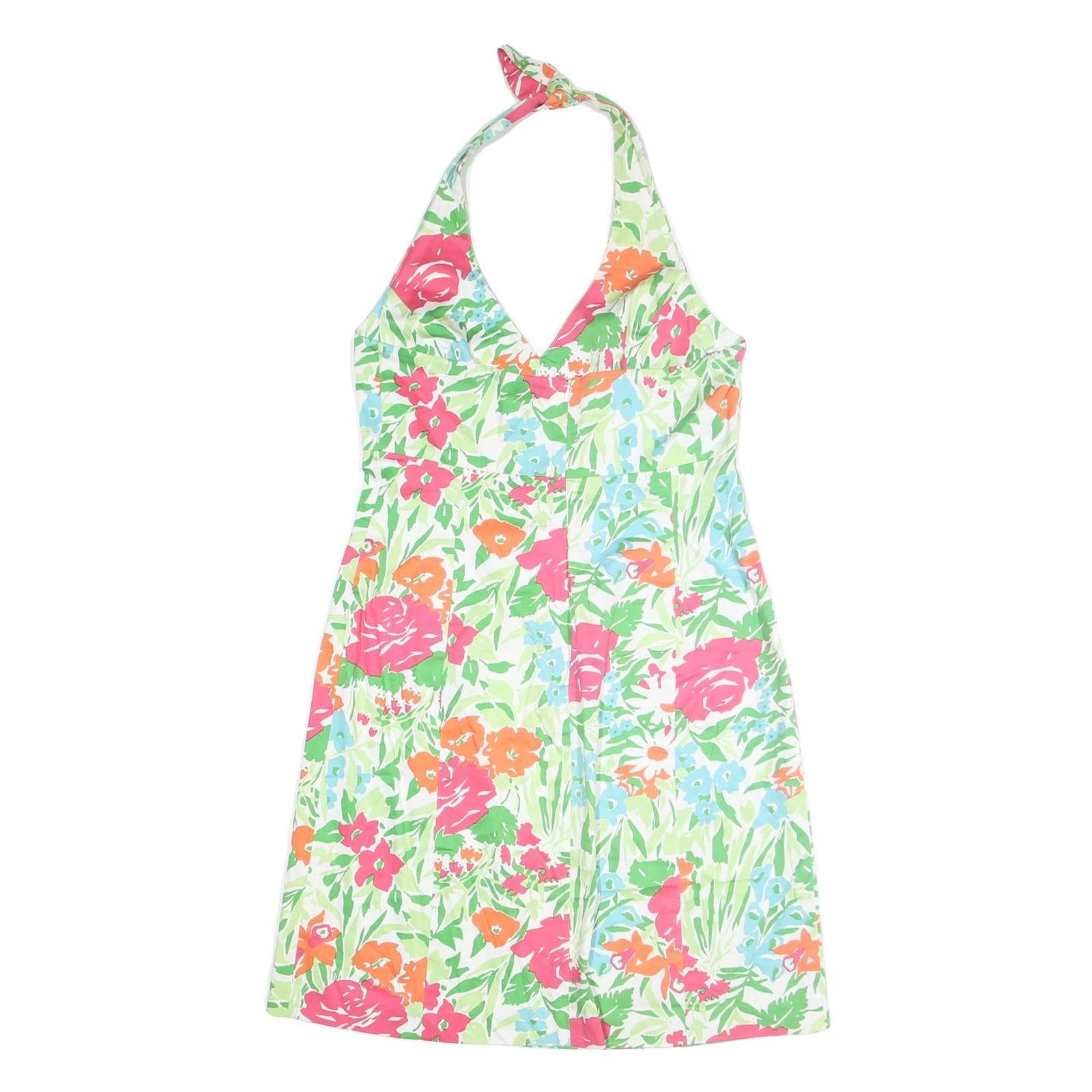 CHAPS Womens White Green & Pink Floral Halter Dress Cotton Blend Midi Size L