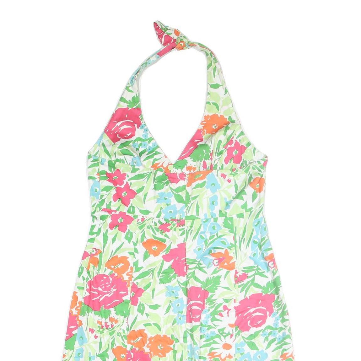 CHAPS Womens White Green & Pink Floral Halter Dress Cotton Blend Midi Size L