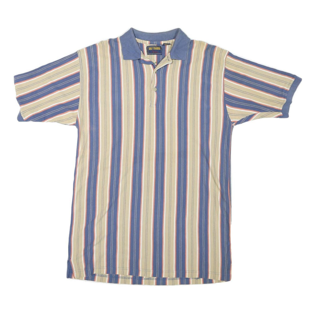 GULF TRADERS Mens Blue & Beige Striped Short Sleeve Polo Shirt L Cotton Blend