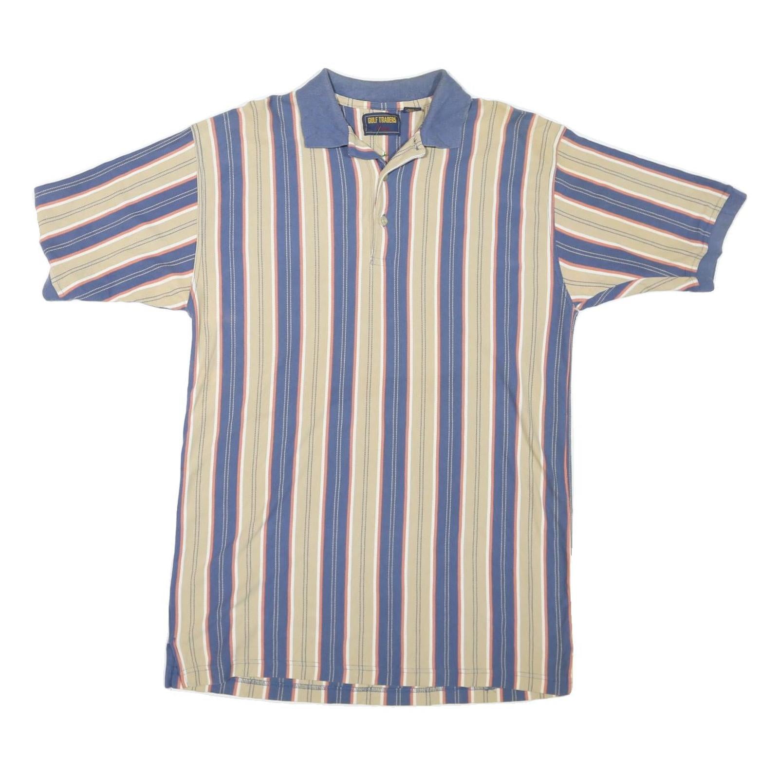 GULF TRADERS Mens Blue & Beige Striped Short Sleeve Polo Shirt L Cotton Blend