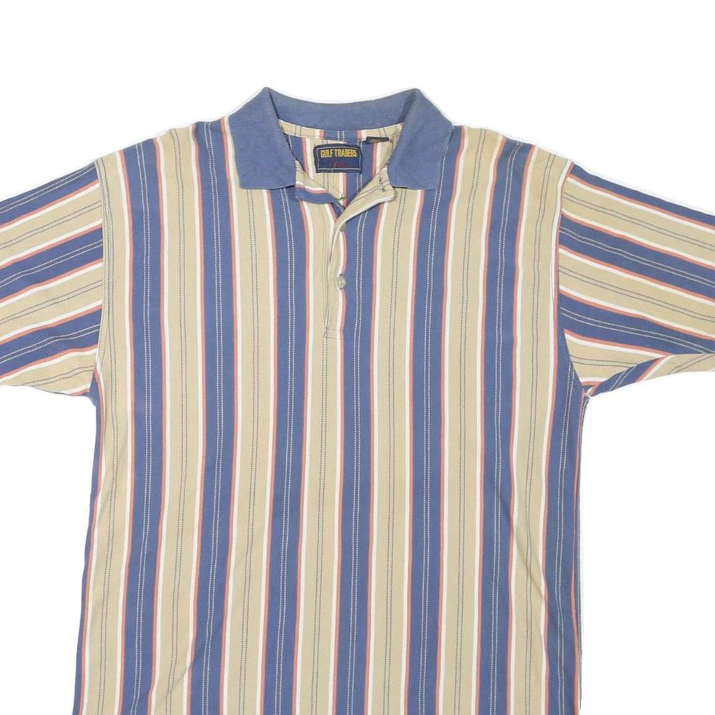 GULF TRADERS Mens Blue & Beige Striped Short Sleeve Polo Shirt L Cotton Blend