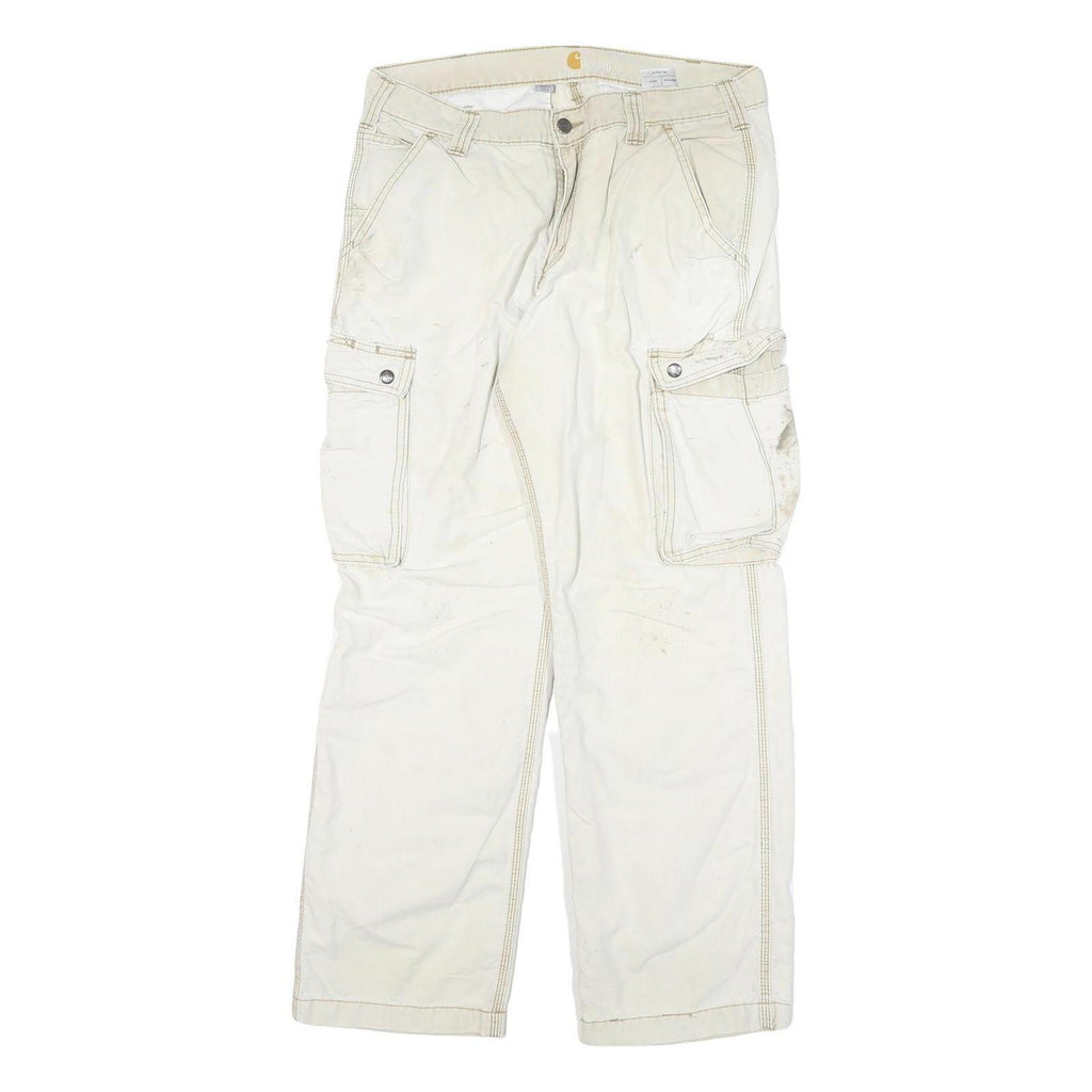 CARHARTT Mens Relaxed White Cargo Cotton Blend Trousers W34 L32 Workwear Zip