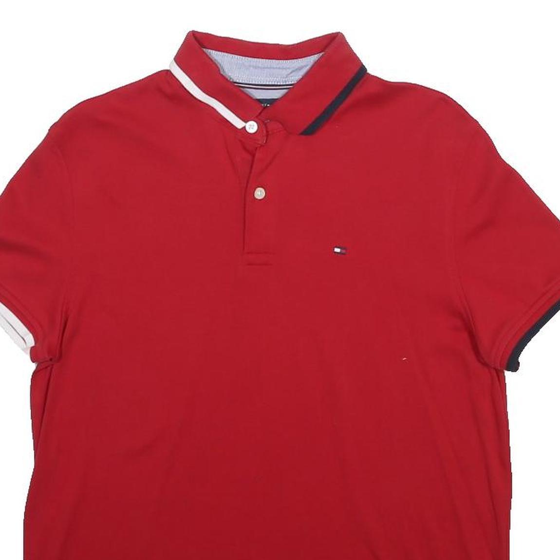 TOMMY HILFIGER Mens Red Short Sleeve Plain M Polo Shirt Cotton Blend Classic