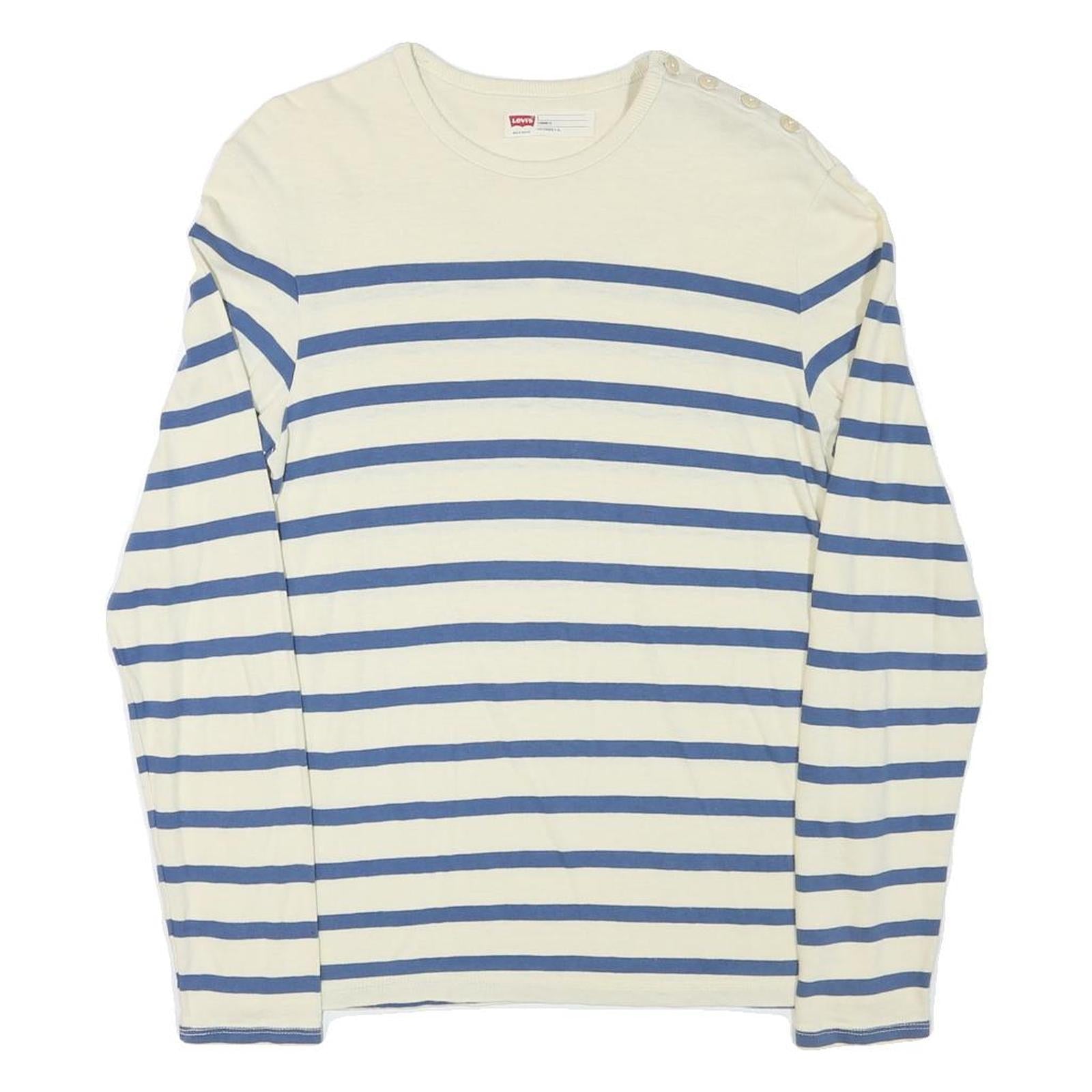 LEVI'S Mens Cream & Blue Striped Plain Crew Neck Basic Knit S Cotton Blend