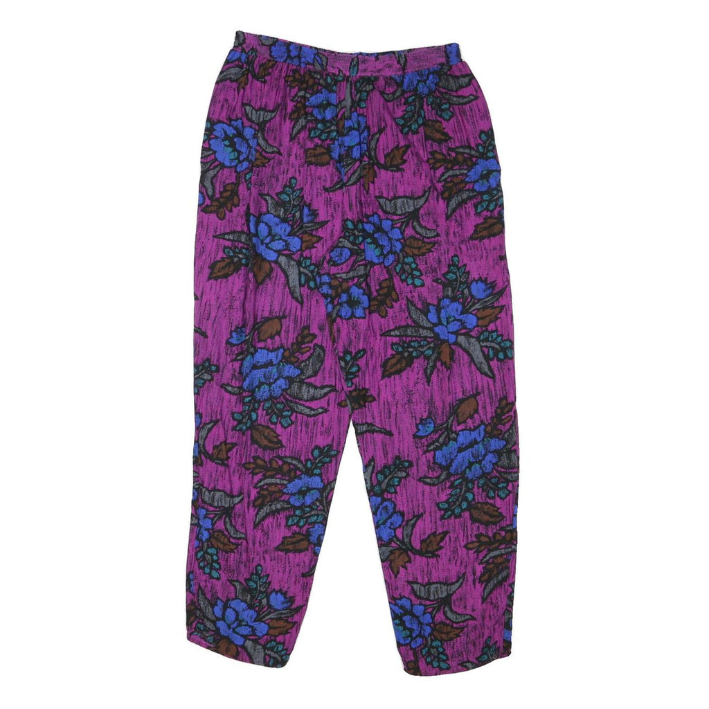 Womens Purple Relaxed Floral Trousers W27 L26 Polyester Blend Casual Comfortable