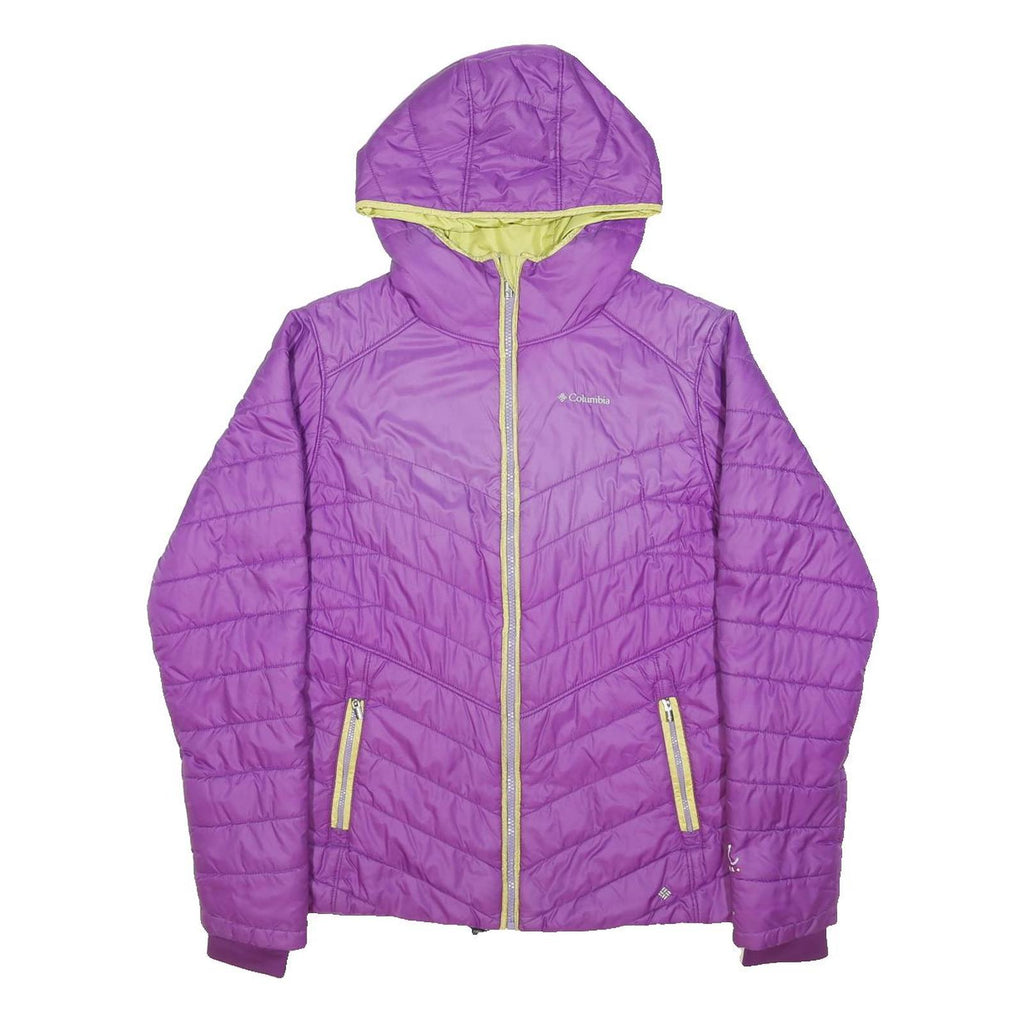 COLUMBIA Womens Purple & Yellow Hooded Zip Jacket L Polyester Quilted Outdoor