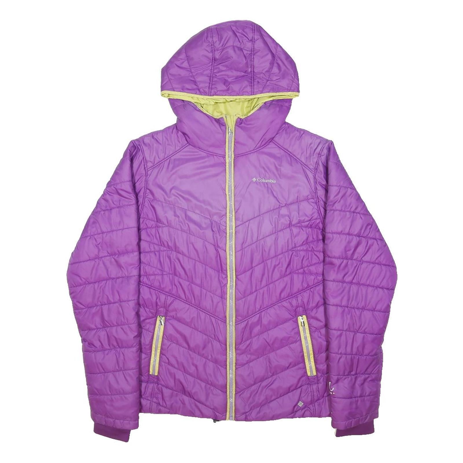 COLUMBIA Womens Purple & Yellow Hooded Zip Jacket L Polyester Quilted Outdoor