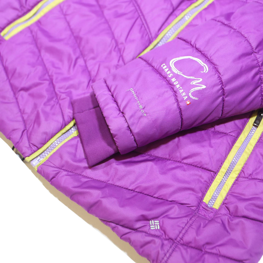 COLUMBIA Womens Purple & Yellow Hooded Zip Jacket L Polyester Quilted Outdoor
