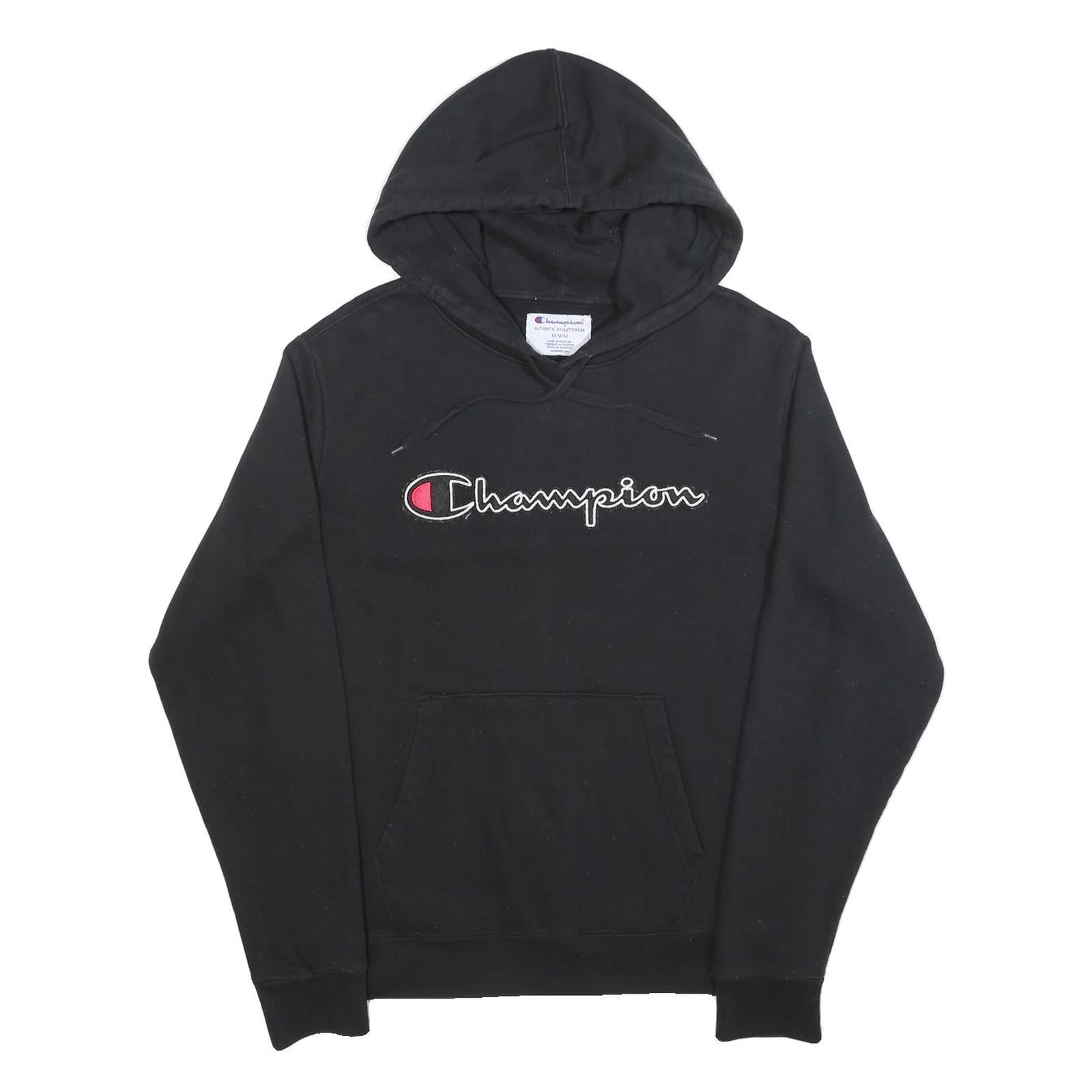 CHAMPION Mens Black Pullover Hoodie M Classic Logo Sweatshirt Cotton Blend