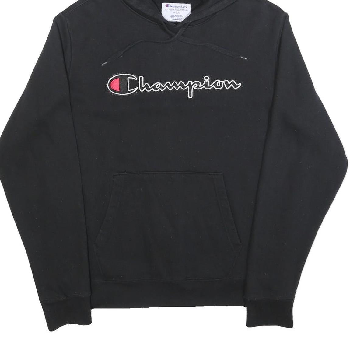 CHAMPION Mens Black Pullover Hoodie M Classic Logo Sweatshirt Cotton Blend