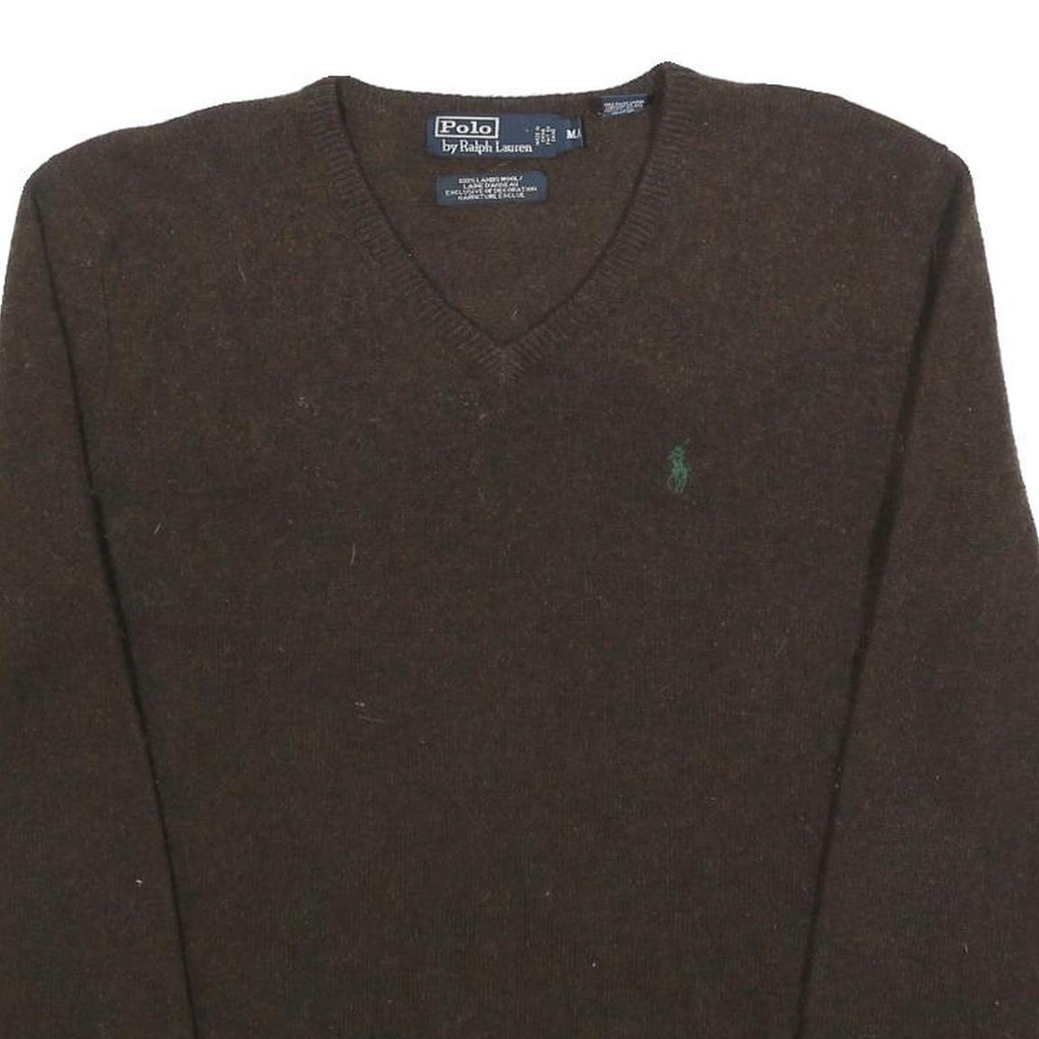 POLO RALPH LAUREN Mens Brown Wool Plain V-Neck Basic Knit Jumper M Classic