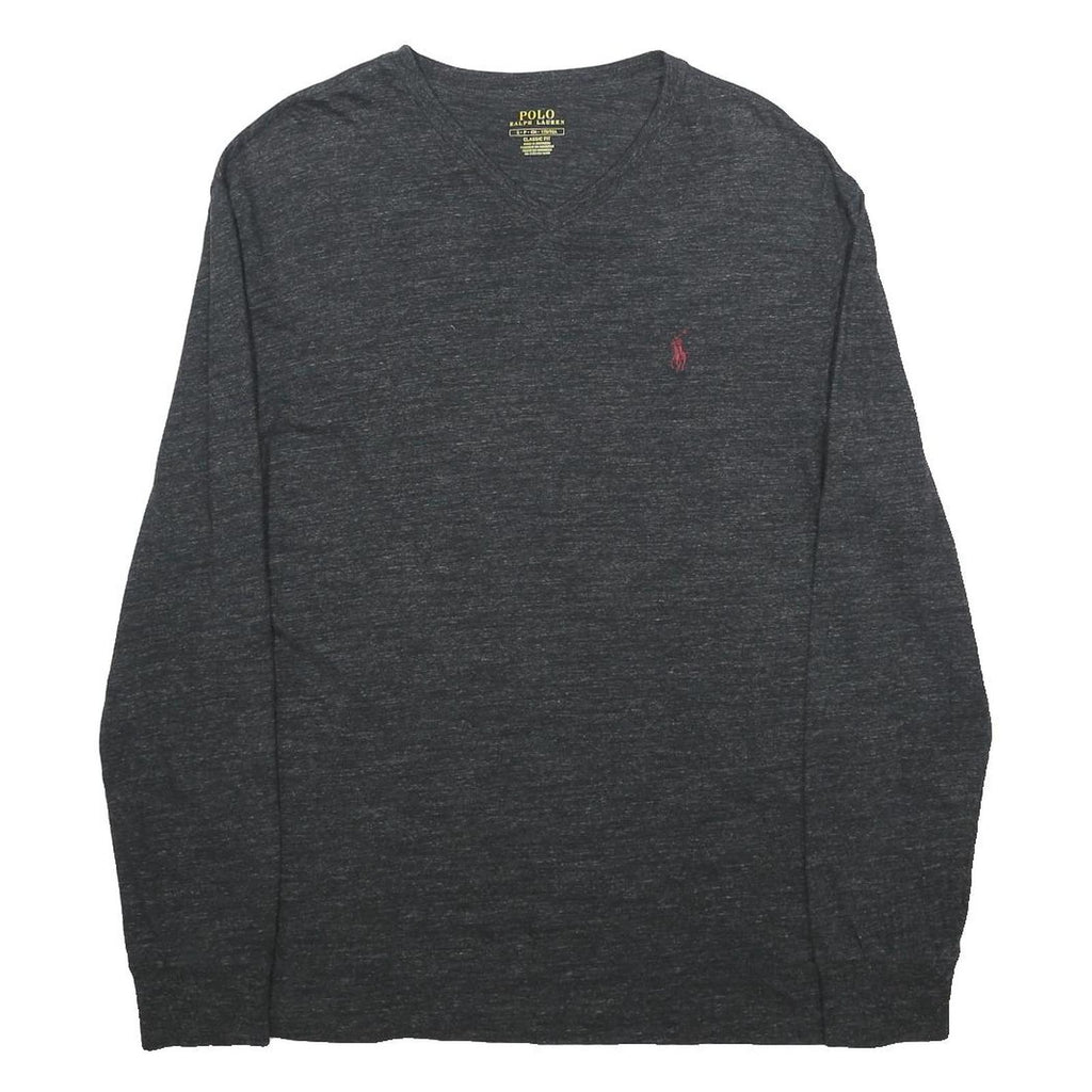 POLO RALPH LAUREN Mens Grey & Maroon Long Sleeve V-Neck Cotton T-Shirt S Classic