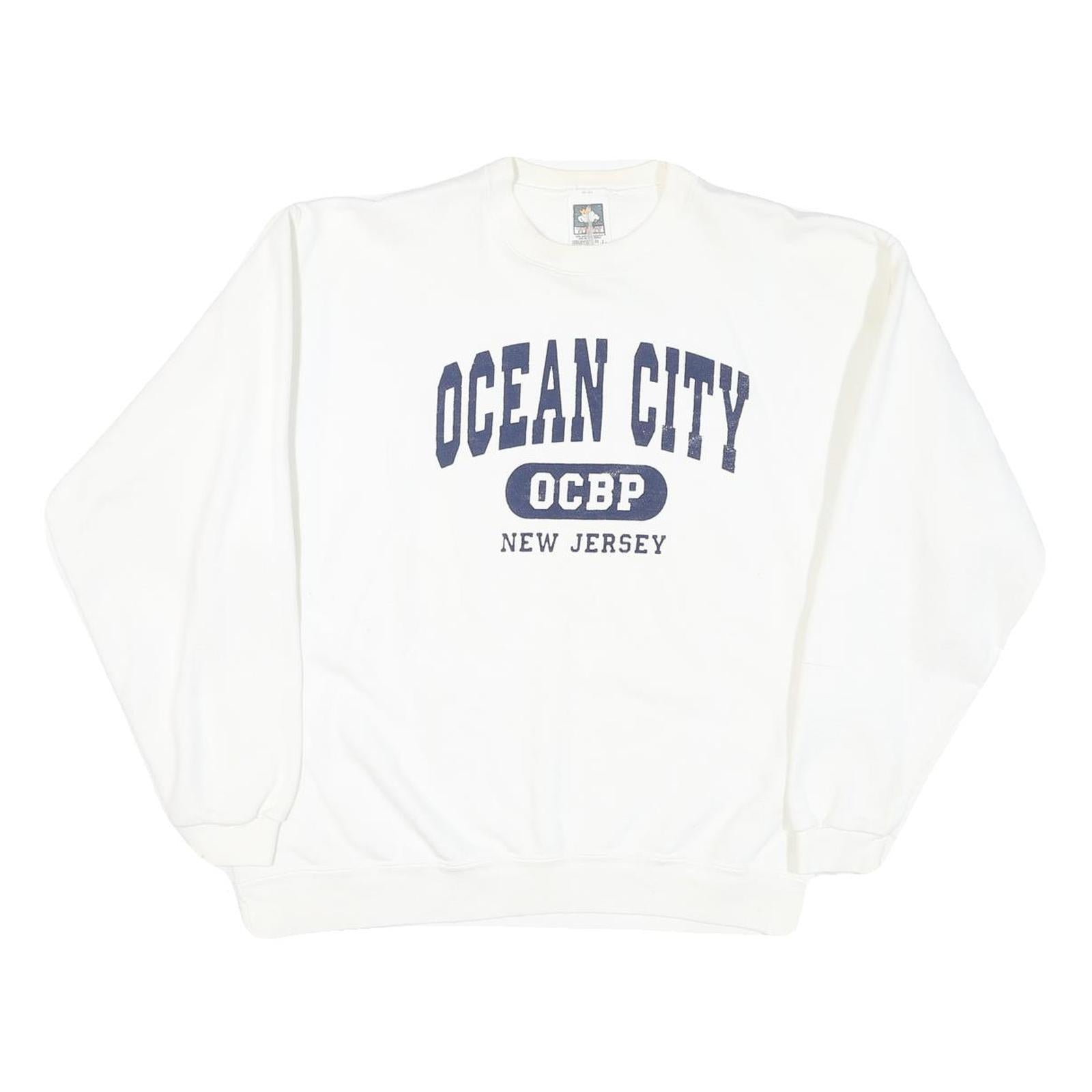 Mens White Sweatshirt Ocean City OCBP New Jersey Crew Neck L Cotton Blend Casual