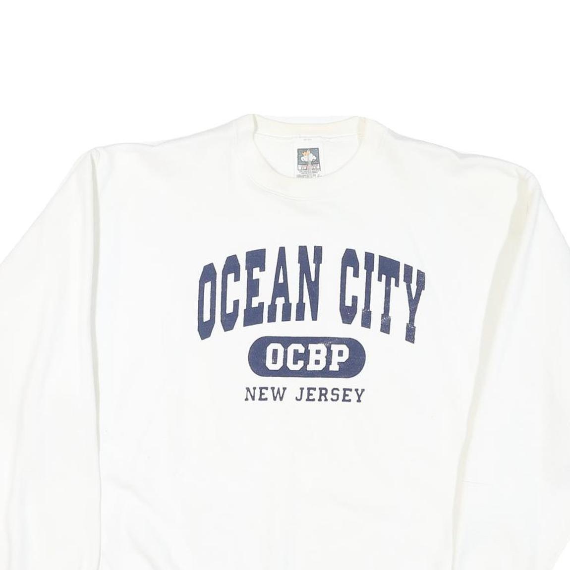 Mens White Sweatshirt Ocean City OCBP New Jersey Crew Neck L Cotton Blend Casual