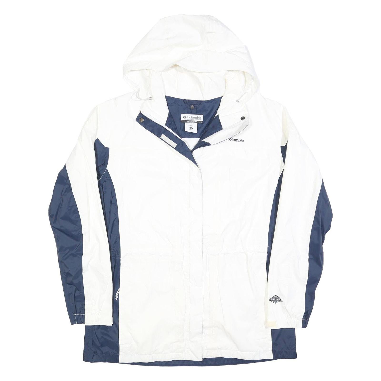 COLUMBIA Womens White & Blue Outdoor Jacket XL Polyester Blend Zip Hooded Plain
