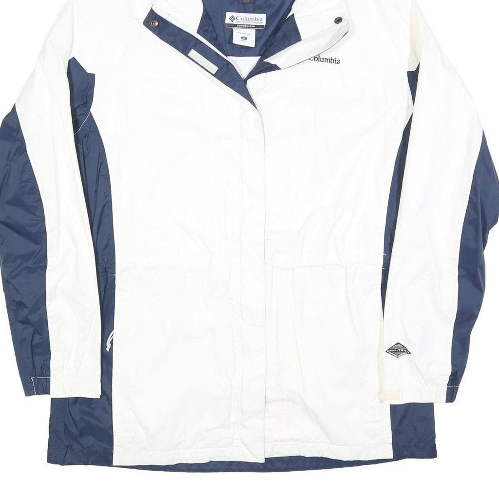 COLUMBIA Womens White & Blue Outdoor Jacket XL Polyester Blend Zip Hooded Plain