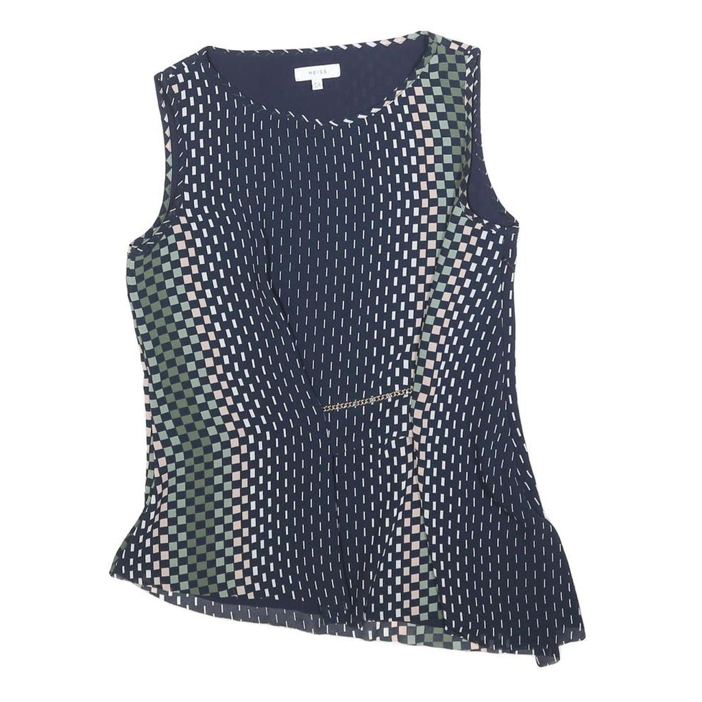 REISS Womens Navy Blue Green Printed Sleeveless Round Neck Top UK 8 Elegant