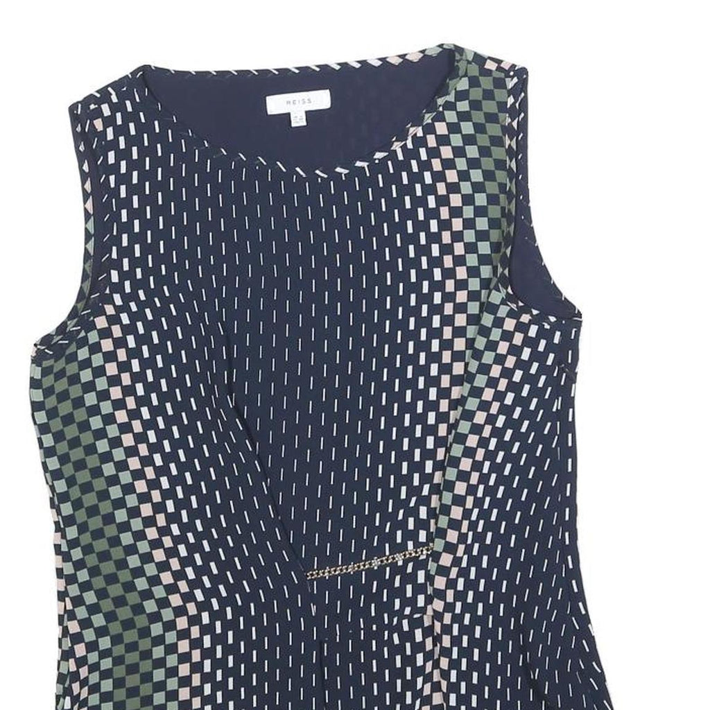 REISS Womens Navy Blue Green Printed Sleeveless Round Neck Top UK 8 Elegant