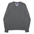 TOMMY HILFIGER Mens Grey Plain Cotton V-Neck Basic Knit Jumper M Casual Classic