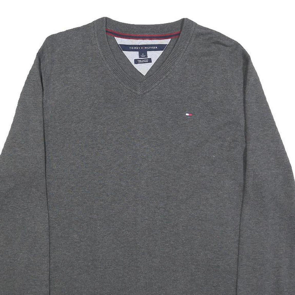 TOMMY HILFIGER Mens Grey Plain Cotton V-Neck Basic Knit Jumper M Casual Classic