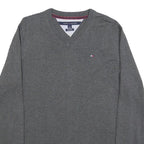 TOMMY HILFIGER Mens Grey Plain Cotton V-Neck Basic Knit Jumper M Casual Classic