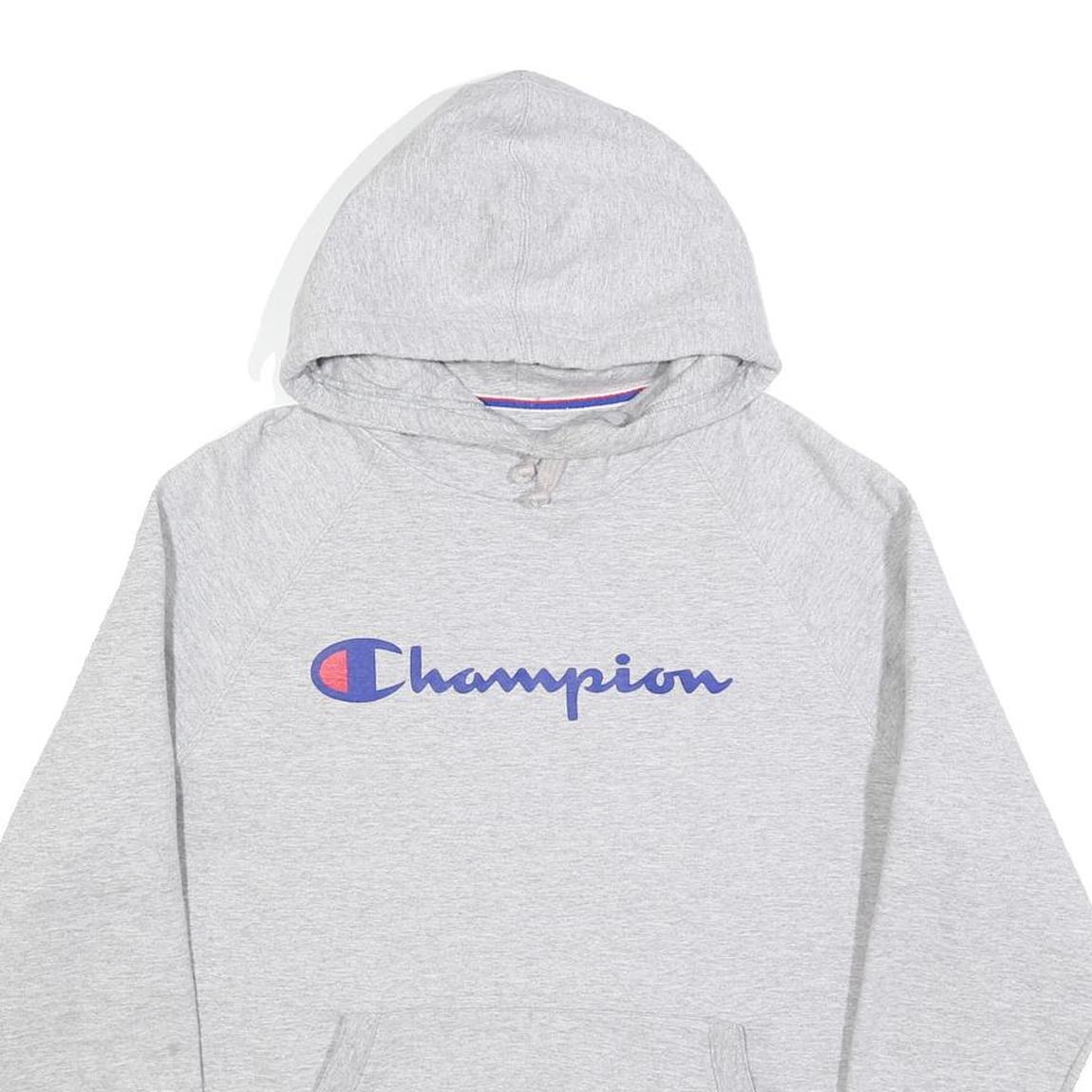 CHAMPION Womens Grey Pullover Hoodie L Cotton Blend Logo Sweatshirt