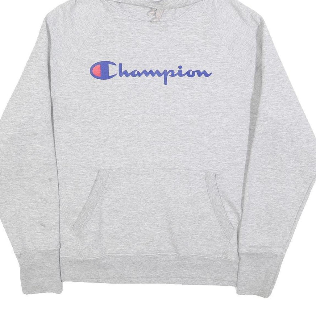 CHAMPION Womens Grey Pullover Hoodie L Cotton Blend Logo Sweatshirt