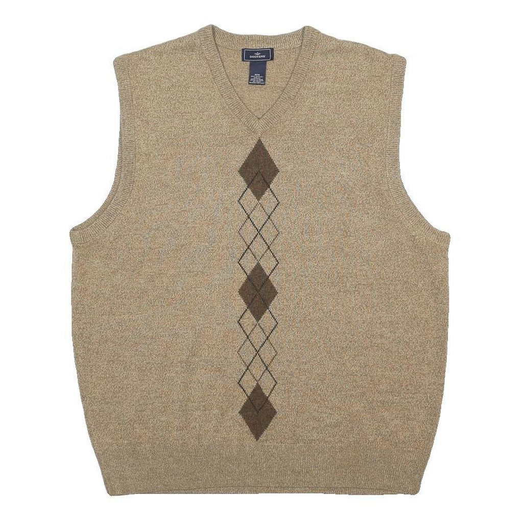 DOCKERS Mens Beige Patterned Jumper V-Neck Basic Knit M Sleeveless Classic