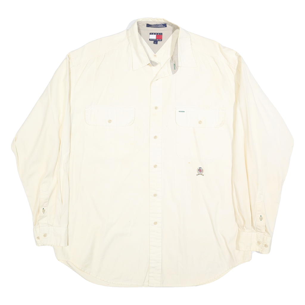 TOMMY HILFIGER Mens White Casual Shirt L Button Pockets Cotton Blend Long Sleeve