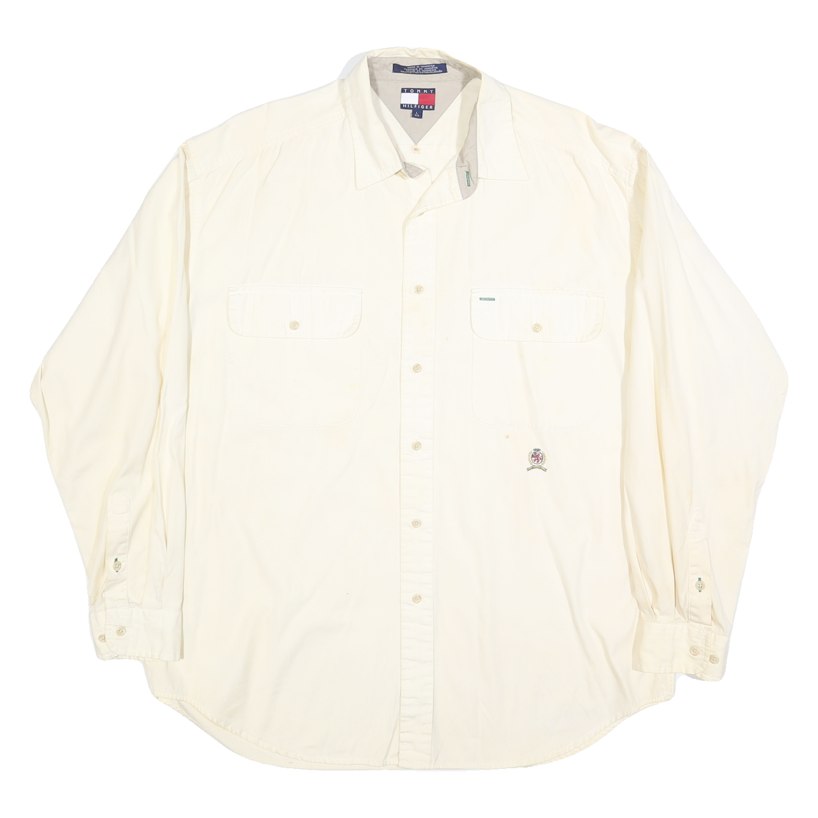 TOMMY HILFIGER Mens White Casual Shirt L Button Pockets Cotton Blend Long Sleeve