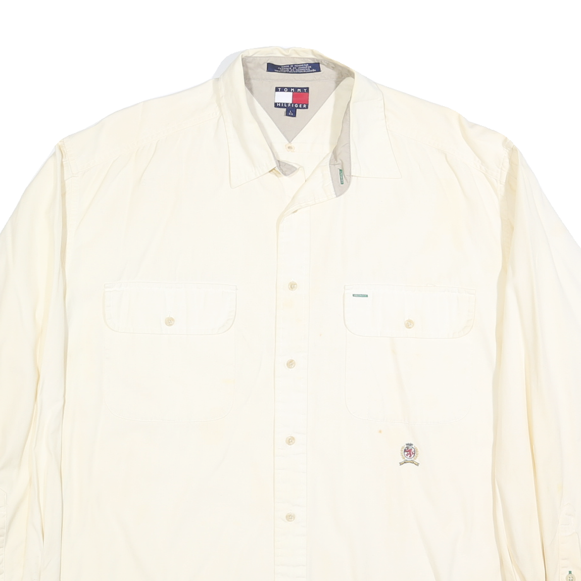 TOMMY HILFIGER Mens White Casual Shirt L Button Pockets Cotton Blend Long Sleeve