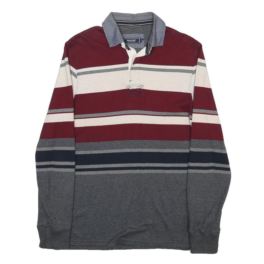 MAINE Mens Maroon & Grey Striped Long Sleeve Polo Shirt S Cotton Blend Classic