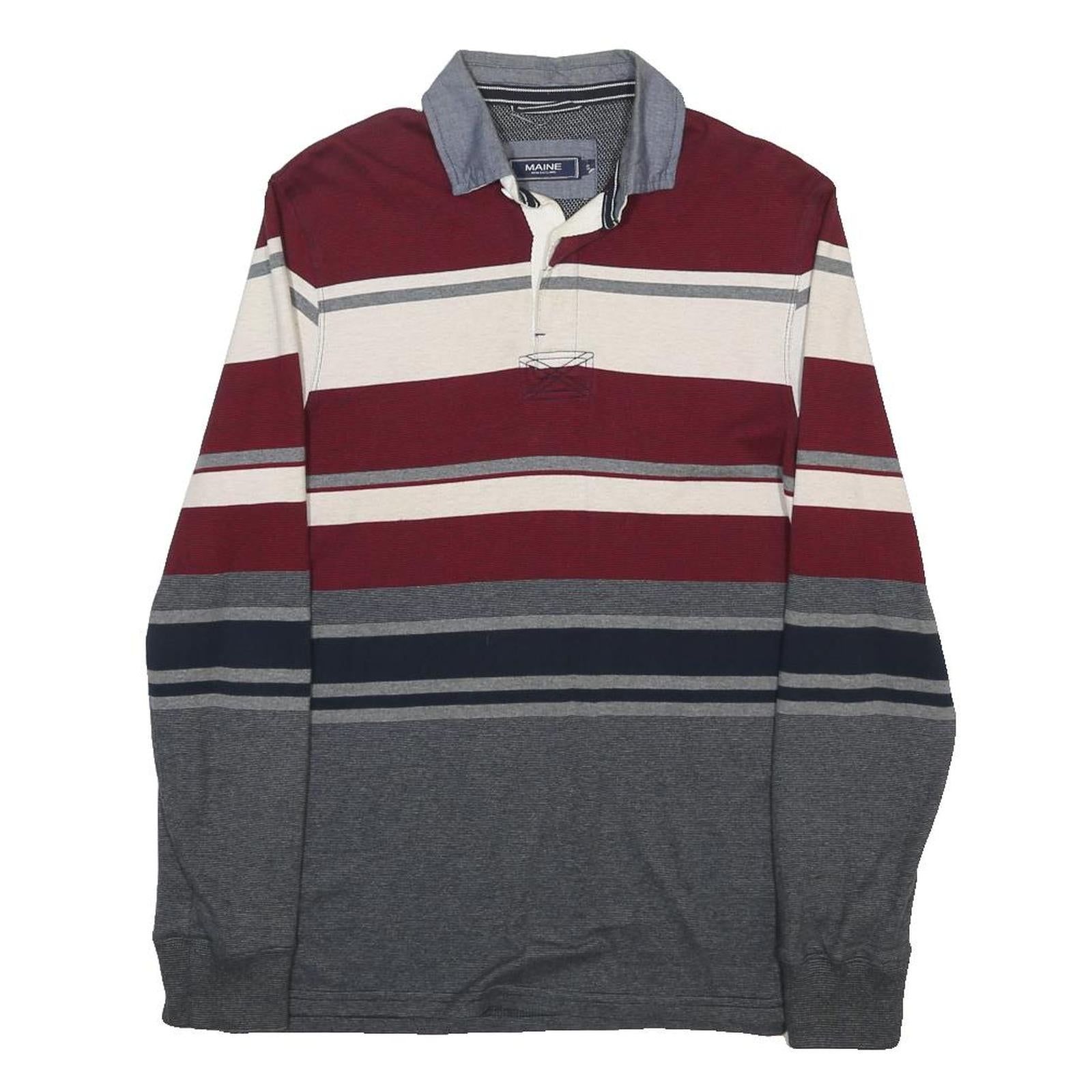 MAINE Mens Maroon & Grey Striped Long Sleeve Polo Shirt S Cotton Blend Classic