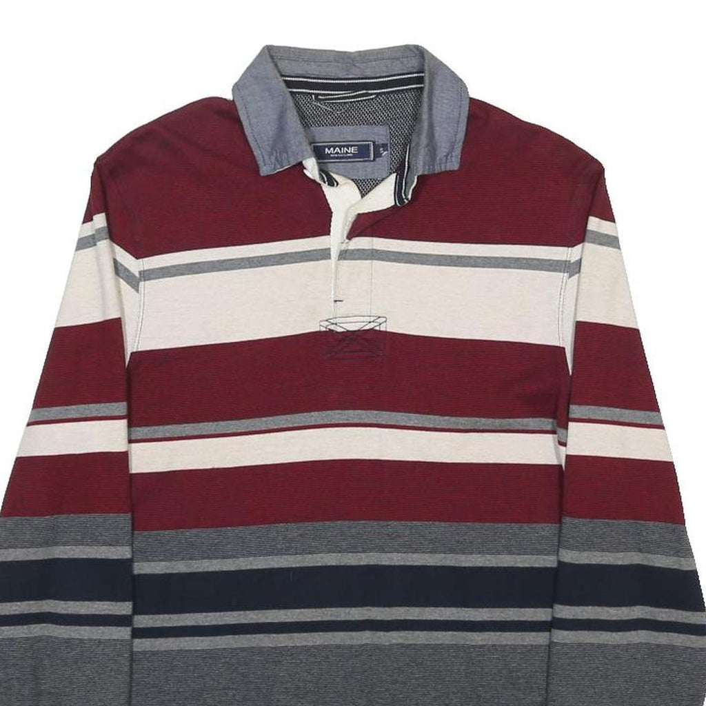 MAINE Mens Maroon & Grey Striped Long Sleeve Polo Shirt S Cotton Blend Classic