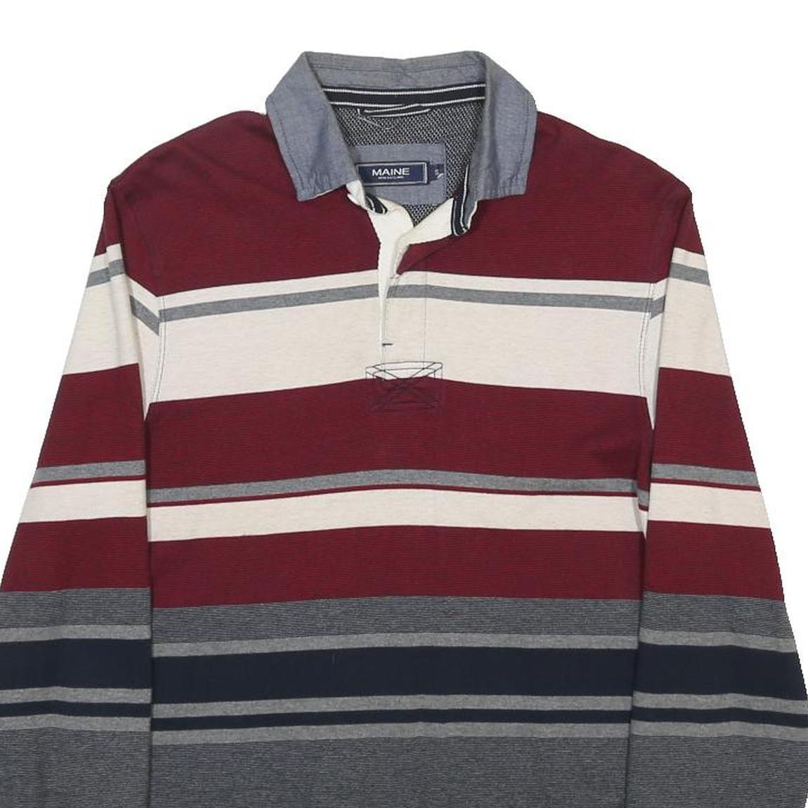 MAINE Mens Maroon & Grey Striped Long Sleeve Polo Shirt S Cotton Blend Classic