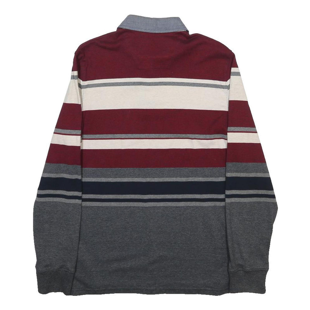 MAINE Mens Maroon & Grey Striped Long Sleeve Polo Shirt S Cotton Blend Classic